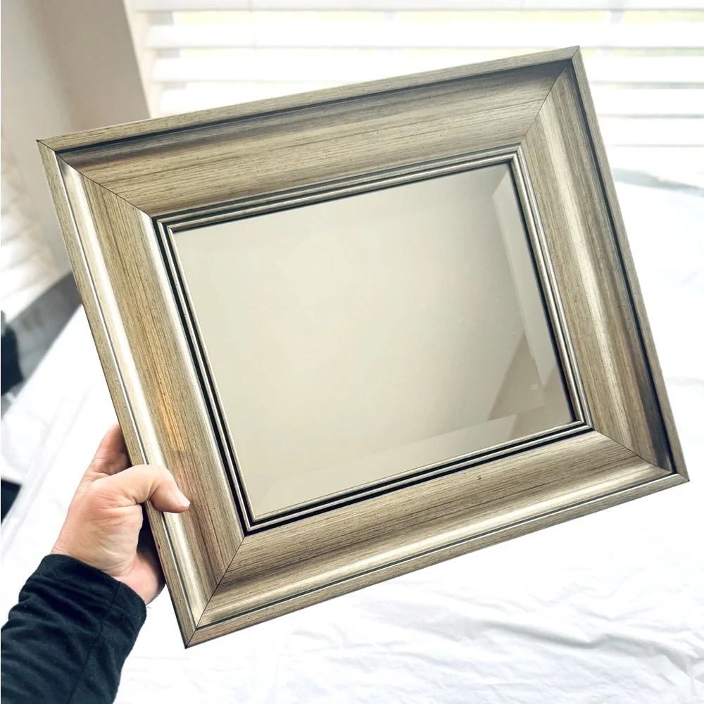Vintage Minimalist Champagne Gold Silver Rectangular Wooden Wall Mirror